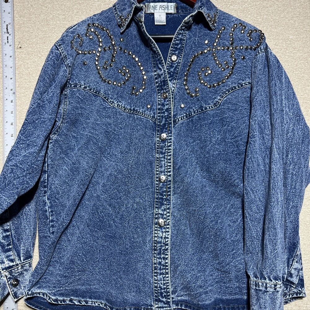 Vintage 80s 90s Beaded Rhinestone Sequence Acid Wash Denim Shirt Grunge Rave M